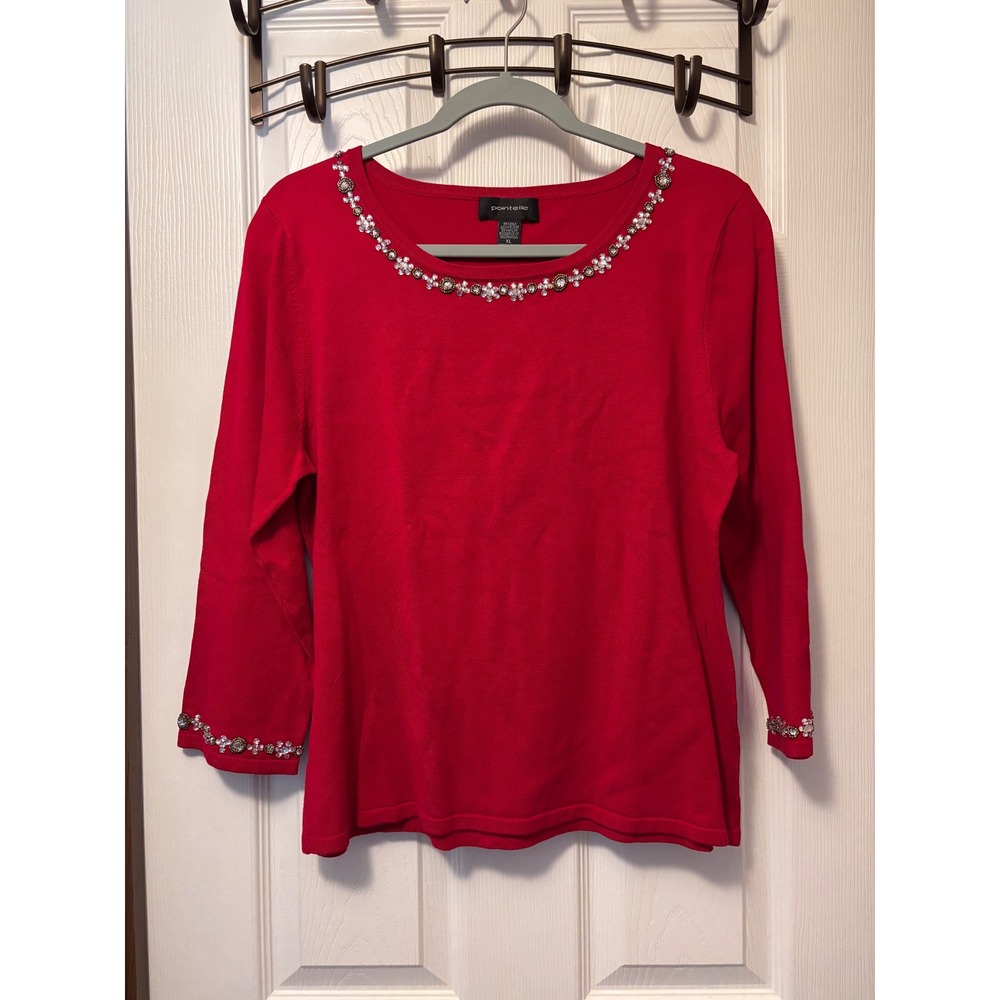 Pointelle Red Silk Blend Embellished Knit Top Rhinestone Neckline XL